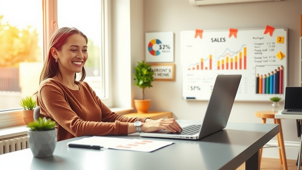 A dynamic and engaging scene depicting a young woman in her early 30s, with an enthusiastic smile, sitting at a sleek, modern desk in a well-lit home office, analyzing sales data on her laptop with pricing charts displayed on the screen. A large window provides natural light, casting a warm glow over her workspace, which is adorned with motivational quotes and greenery. In the background, a whiteboard is filled with notes and colorful markers, symbolizing creativity and strategy. The overall mood is forward-looking and empowering, showcasing the integration of technology through automation, with a focus on work-life balance and professional growth. The color palette is bright and inviting, with hints of orange and green that evoke a sense of optimism and productivity.