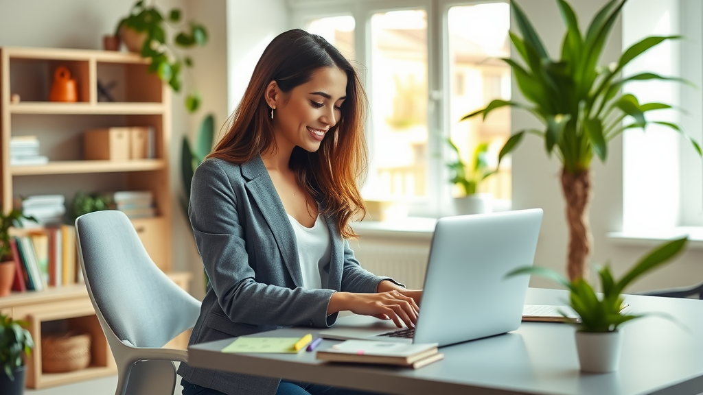 A focused and inspiring scene of a young woman in her late 20s, wearing smart casual attire, sitting at a sleek, modern desk in a bright home office filled with greenery. She has a look of focus and contentment as she interacts with a laptop displaying a user-friendly interface of an automation tool. Soft natural light streams through a large window, casting a warm glow on the workspace. In the background, there are organized shelves with finance books and a cozy reading nook. On her desk, a small potted plant and a notepad with colorful notes add a touch of creativity. The ambiance is calm and inviting, evoking a sense of empowerment and the positive transformation achievable through financial optimization and automation.