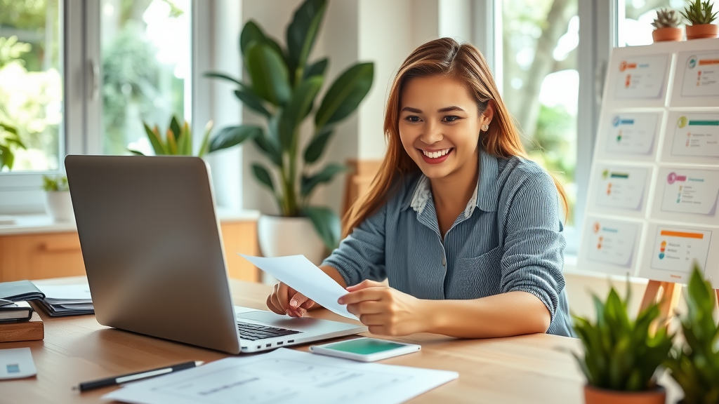 A dynamic workspace featuring a woman in her early 30s, engaged in creating an automated feedback management system using a laptop. She has a focused yet joyful expression, surrounded by notes and flowcharts on a clean desk with a small plant, embodying a sense of empowerment and productivity. The setting is a modern home office bathed in soft natural light, with large windows showcasing greenery outside, evoking serenity and inspiration. The composition includes close-up shots of her hands typing and a wide-angle view capturing the organized workspace, emphasizing a harmonious balance between technology and personal growth. The overall mood is uplifting and hopeful, with a fresh color palette of greens and light woods.