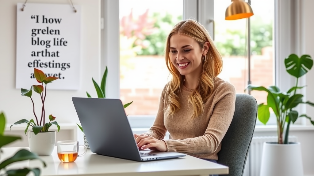 A relaxed woman in her early 30s sits in a bright, cozy home office filled with plants and natural light, genuinely smiling as she works on her laptop. The scene features a clean desk with an inspirational quote on the wall, a half-empty cup of tea beside her, and a soft glow from a desk lamp, creating a calm and inviting atmosphere. The composition captures her engaged in creating blog content, embodying the joy of modern work-life balance, with a window overlooking a serene garden. The overall mood is vibrant and uplifting, reflecting freedom through meaningful automation in blog management.