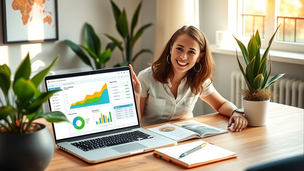A dynamic and engaging scene featuring a young woman in her late 20s, with a bright smile, sitting at a sleek and modern home office workspace bathed in soft natural light. She is focused on her laptop, where a colorful dashboard displaying feedback analysis and competitor insights is visible. Around her, there are stylish plants and a notepad filled with ideas. The camera angle is slightly angled from above, capturing her enthusiasm and creativity. The color palette is fresh and airy, incorporating greens and blues for a calming effect. This image embodies the themes of technological simplicity, empowerment through automation, and the joy of personal and professional growth.