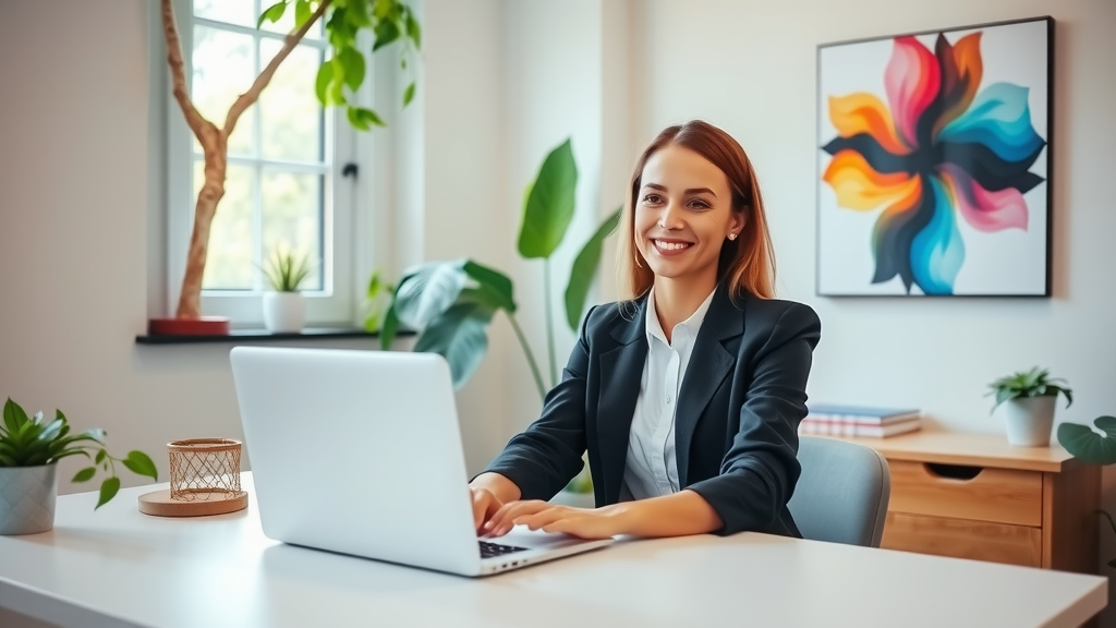 A professional woman in her early 30s, dressed in smart casual attire, is seated at a minimalist, well-organized home office desk with a laptop in front of her. She has a relaxed yet focused expression, engaging smoothly with the automation software displayed on her screen. Soft natural light fills the room through a large window adorned with green plants, creating a fresh and inviting atmosphere. The setting conveys a harmonious work-life balance, showcasing a sense of empowerment and control over her business tasks. In the background, a colorful abstract painting adds a vibrant touch, symbolizing creativity and positive transformation. The camera angle is slightly elevated, capturing both the subject's expression and the neat arrangements around her, radiating calmness and serenity while emphasizing the joy and efficiency gained through automation.