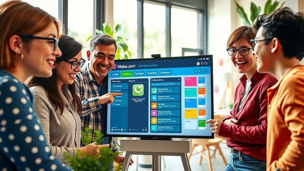 A dynamic scene showcasing a diverse team of software testers in a bright, modern office space, collaborating enthusiastically around a large screen displaying a user-friendly automation interface from Make.com. The team includes a woman in her early 30s with glasses, a man in his 40s with a friendly smile, and a young coder in their 20s, all engaged in a brainstorming session. The office is filled with greenery, sunlight streaming through large windows, creating a fresh and inviting atmosphere. The camera angle captures a close-up of their animated expressions, illustrating joy and excitement as they discuss optimizing software testing. The color palette is vibrant and energetic, embodying the spirit of innovation and teamwork in a relaxed yet professional environment. A whiteboard in the background features colorful sticky notes, symbolizing their organized approach to success.