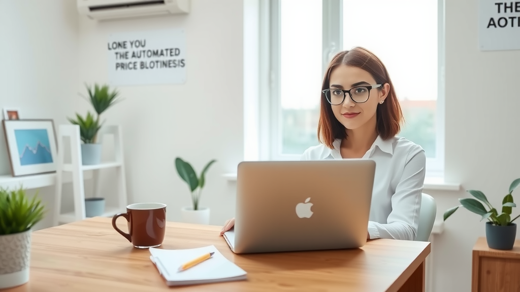A professional and inspiring workspace featuring a young woman in her late 20s, with a focused expression, sitting at a minimalist desk while using a laptop to set up an automated price monitoring system. The room is filled with natural light pouring in through a large window, illuminating a clean space decorated with greenery and motivational quotes on the walls. Her attire is casual yet polished, conveying a sense of comfort blended with professionalism. A coffee mug sits beside her laptop, and a notepad with scribbled ideas suggests a creative workflow. The mood is vibrant and energetic, highlighting the empowerment that technology brings to her business life, showcasing the seamless integration of work and personal growth. The camera angle is eye-level, capturing her enthusiasm for embracing automation in her career.
