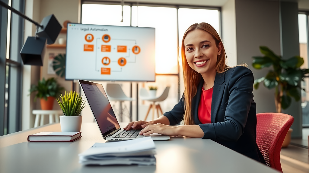 A modern office setting featuring a woman in her early 30s, wearing professional attire, smiling confidently while working at a sleek, organized desk with a laptop open to a user-friendly interface of an automation software displayed. Soft natural light pours in through large windows, illuminating a few potted plants and a stack of legal documents neatly arranged nearby. In the background, a wall-mounted screen shows a collaborative workflow diagram, symbolizing efficiency and teamwork. The overall mood is vibrant and inspiring, conveying a sense of empowerment and ease in the legal practice through technology. The composition should be at eye-level, capturing the woman engaged and content, radiating a positive transformation in her work-life balance.