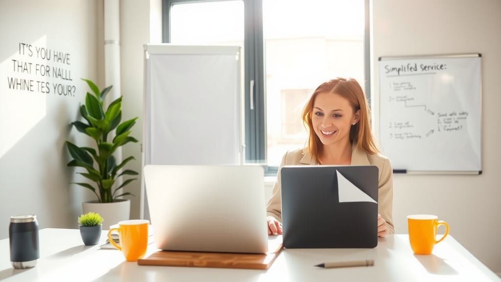 A professional and inviting workspace featuring a woman in her early 30s, with an enthusiastic expression, sitting at a modern desk using a laptop with a clean and organized setup. The desk includes elements like a notepad, a small plant, and a bright mug of coffee. Sunlight pours through a large window, casting a warm glow across the room. In the background, a wall displays inspirational quotes and a whiteboard with neatly written notes and a flowchart illustrating streamlined processes. The scene embodies a sense of empowerment and efficiency, symbolizing the seamless integration of technology for improved customer service and simplified returns. The overall mood is vibrant and uplifting, conveying the importance of automation in enhancing work-life balance and professional satisfaction.