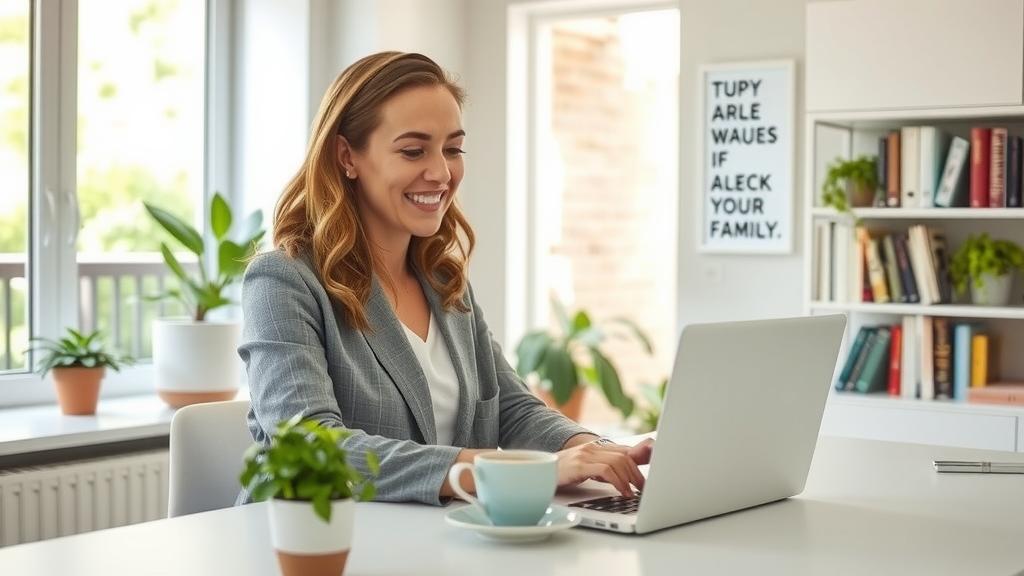 A professional woman in her early 30s with a confident and joyful expression, working on her laptop in a bright and modern home office. She is sitting at a clean, minimalist desk with plants and a steaming cup of coffee, vibrant natural light flooding in through large windows. In the background, there are organized shelves filled with books and motivational quotes. The atmosphere feels productive yet calm, symbolizing the harmony between work and life. The scene captures the essence of empowerment through technology, focusing on her engaged demeanor as she seamlessly automates tasks, allowing for more time to connect with family. A subtle hint of an outdoor space can be seen through the windows, portraying a world of possibilities beyond her workspace.