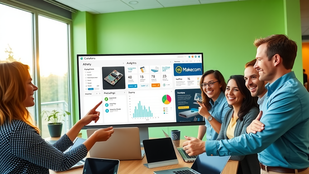 A vibrant, inviting scene featuring a diverse group of professionals in their 30s and 40s, actively collaborating around a modern workspace with large windows letting in soft natural light. They are engaged in a discussion, pointing at a large screen displaying product catalogs and data analytics from Make.com, which showcases a streamlined and efficient workflow. The atmosphere is filled with joy and a sense of accomplishment, with a focus on teamwork and innovation. The colors are warm and energizing, with greens and blues dominating the palette, reflecting a harmonious and optimistic work environment. In the background, there are elements of technology supporting their efforts, such as tablets and laptops, presented in a clean and organized manner. The camera angle is slightly above eye level, capturing both the expressions of enthusiasm on their faces and the collaborative spirit of the moment.