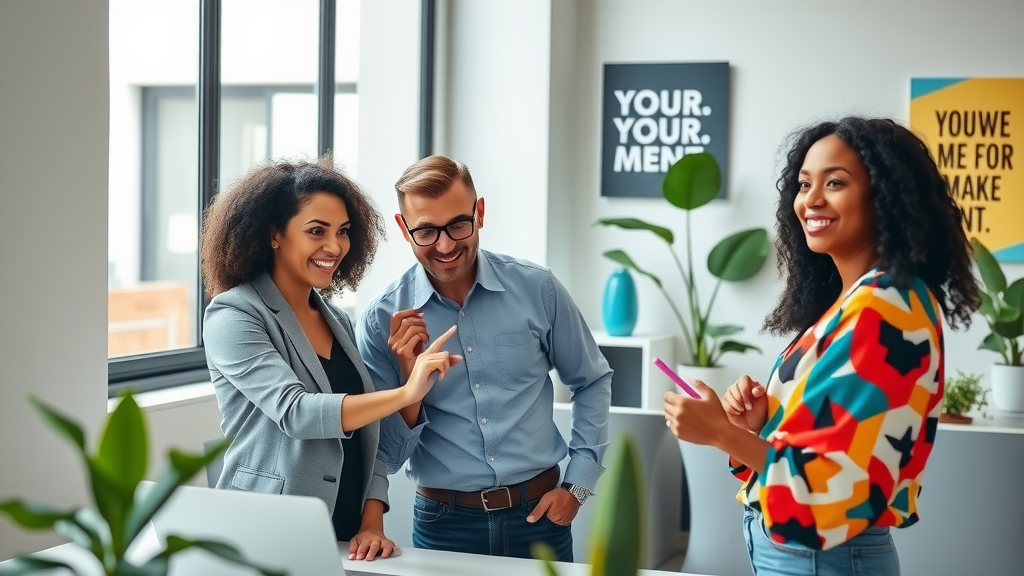 A bright and inspiring scene in a modern office setting featuring a diverse group of three professionals in their 30s, engaged in a collaborative brainstorming session. One woman with curly hair wears a smart casual outfit, smiling while pointing at a laptop screen displaying a workflow created with Make.com. A man with glasses in a business casual shirt takes notes, and another woman in a colorful blouse looks on thoughtfully, showcasing a blend of enthusiasm and focus. The office is filled with natural light streaming through large windows, plants adding a touch of greenery, and motivational artwork on the walls. The atmosphere is both dynamic and serene, resonating with themes of technological empowerment, effective communication, and business improvement, inviting viewers to explore innovative solutions for their businesses.