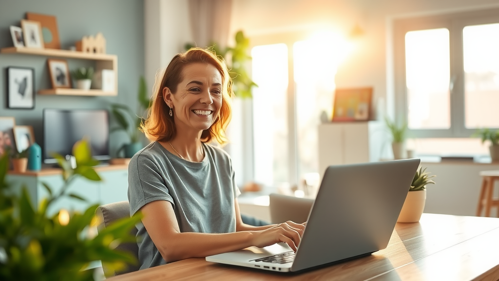 A vibrant and uplifting image of a woman in her mid-30s with a joyful expression, sitting at a stylish, minimalistic workspace filled with plants and natural light streaming in from a large window. She is engaged in a creative project on her laptop, showcasing the seamless integration of technology into her life. In the background, a cozy living room space is partially seen, with hints of family photos and children's toys, suggesting a balance between work and family life. The scene is bathed in warm, golden hour lighting, evoking feelings of calmness and fulfillment. A hint of a calendar or productivity tool on the screen indicates efficiency and organization, emphasizing positive transformation. The overall mood is serene, inviting, and inspirational.