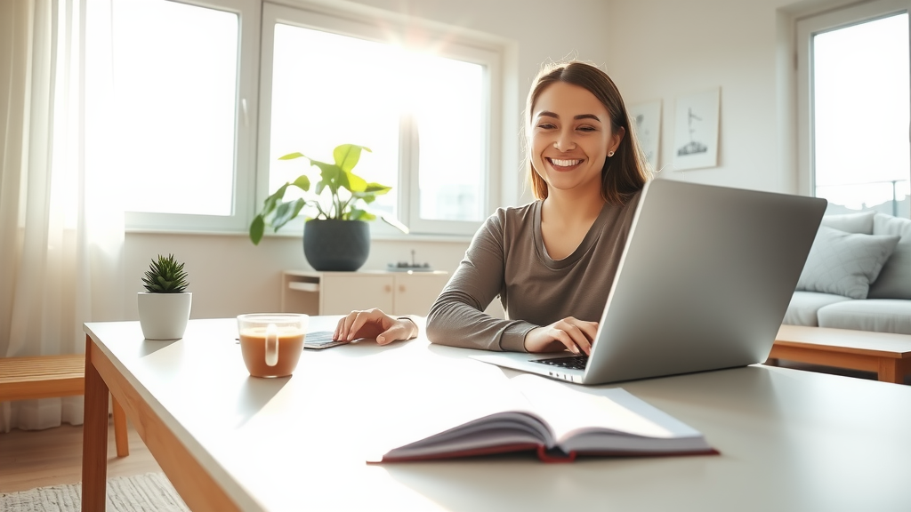 A dynamic scene depicting a young woman in her late 20s, seated at a sleek, minimalist desk in a bright, airy home office, looking confidently at her laptop with a warm smile. Sunlight streams through a large window, illuminating her peaceful yet focused expression as she explores new technologies. Surrounding her are elements of comfort and modernity: a small indoor plant, a cup of tea, and a notepad filled with notes. The atmosphere conveys a sense of empowerment and ease in adapting to the modern world. The composition is eye-level, showcasing the inviting workspace, evoking feelings of joy and motivation.