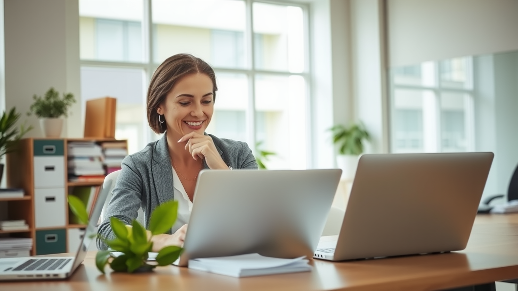 A professional woman in her early 40s, wearing business casual attire, sits at a neatly organized desk in a modern office. She has a thoughtful expression as she reviews documents on her laptop, showcasing a slight clutter in the background that suggests she’s been overwhelmed. Soft natural light streams through large windows, illuminating the space with a calm, serene atmosphere. In the foreground, a small plant adds a touch of greenery, symbolizing growth and renewal. In another scene nearby, the same woman is transformed, now smiling joyfully as she navigates efficient automation software on her laptop in the same office, surrounded by sleek technology and a clean workspace. The mood is vibrant and energetic, representing the positive transformation and newfound balance in her professional life.
