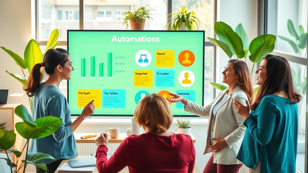 A dynamic scene depicting a woman in her early 30s, dressed in professional attire, confidently presenting ideas to a diverse team of colleagues in a modern office setting. The team is engaged, with expressions of interest and curiosity as they gather around a large screen displaying vibrant infographics on automation benefits. Natural daylight floods the room, highlighting a blend of greenery with plants around the workspace, creating a refreshing and motivational atmosphere. The composition is slightly angled from above, capturing the leadership dynamics and interaction. The color palette is vibrant and uplifting, conveying enthusiasm, collaboration, and the promise of positive change. Key elements include notepads, laptops, and coffee cups, symbolizing an environment of productivity and teamwork.