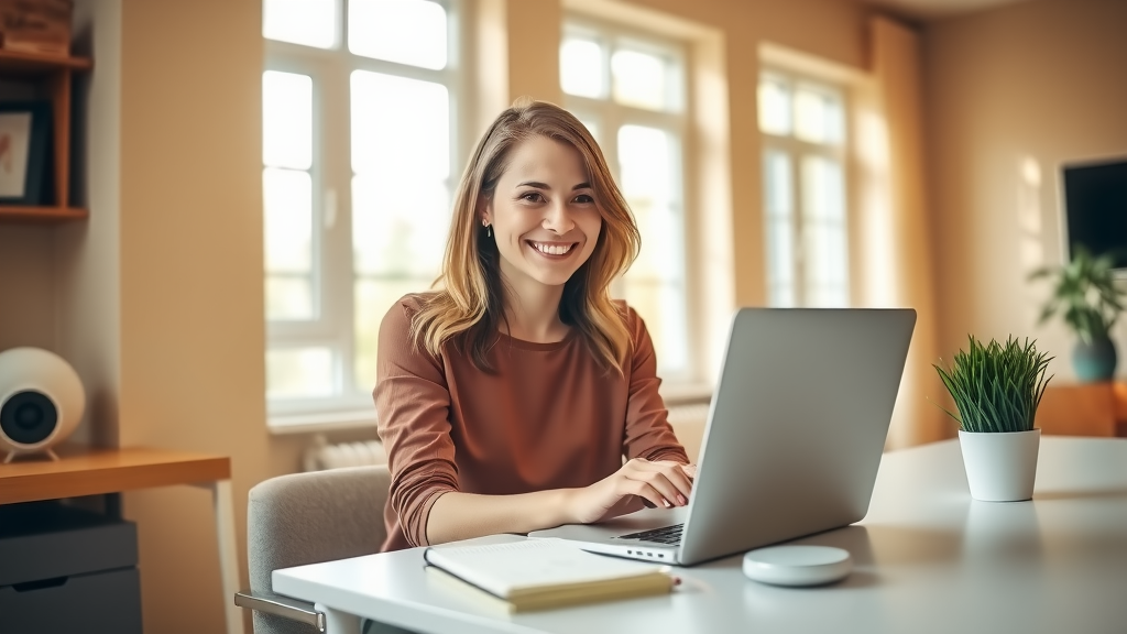 A bright, modern home office workspace filled with natural light streaming through large windows, showcasing a woman in her early 30s with a cheerful expression, working efficiently on her laptop. She is dressed casually and smiles while interacting with a digital assistant interface on her screen. In the background, a clean desk adorned with a small green plant and a notebook suggests organization and creativity. The warm color palette evokes a sense of comfort and productivity. The overall composition captures a serene, uplifting atmosphere, symbolizing empowerment through technology and the ease of life enabled by effective automation.