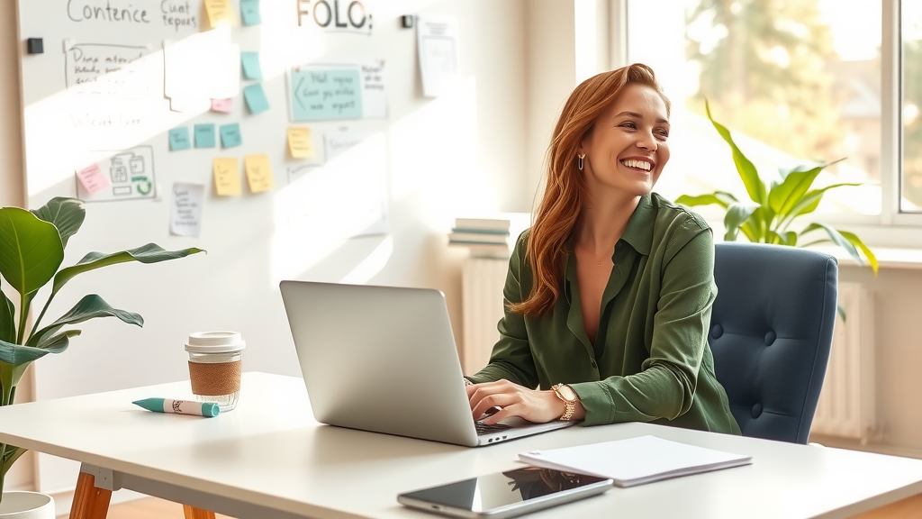 A dynamic scene featuring a young woman in her late 20s, sitting at a stylish, clean desk in a bright home office filled with greenery. She is joyfully interacting with her laptop, smiling as she uses Notion and ChatGPT to brainstorm content ideas. Soft, natural light streams through a large window, creating a warm and inviting atmosphere. The background includes a whiteboard filled with colorful notes and sketches, a small plant on the desk, and a cup of coffee, symbolizing productivity and creativity. The mood is optimistic and energized, showcasing the seamless integration of technology in her creative process.