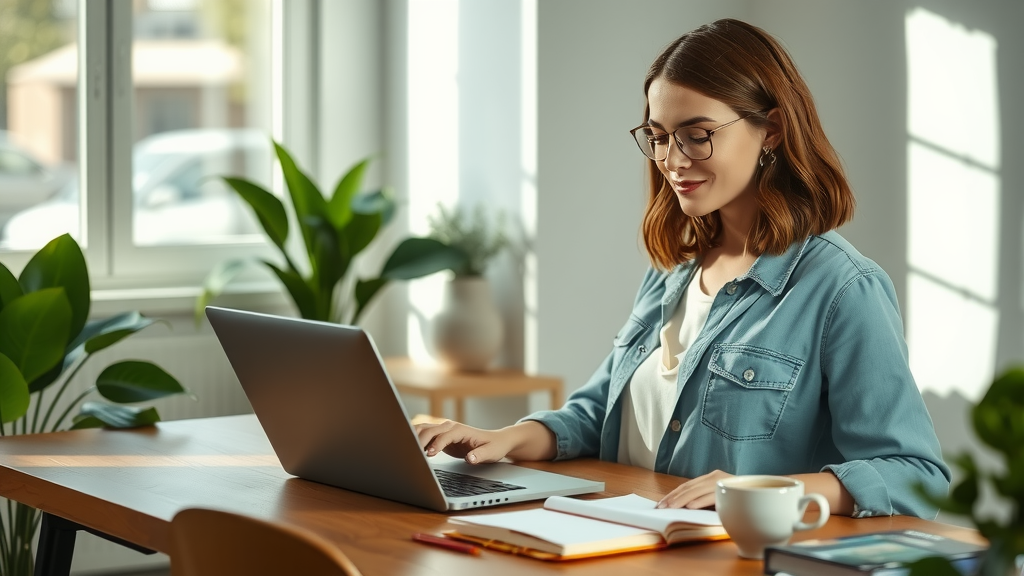 A serene, highly detailed image of an introverted young woman in her late 20s, sitting comfortably at a minimalist, well-lit home office. She has a peaceful expression while using a laptop, surrounded by plants and a calming decor. Soft natural light streams in through a window, casting gentle shadows, creating a tranquil atmosphere. On the desk, there are personal items like a journal and a cup of tea, symbolizing comfort and reflection. The background subtly features an automated communication tool visible on the screen, reflecting her effortless interaction with the outside world. This setting embodies a harmonious balance of personal space and technological empowerment, capturing the essence of energy management and comfort in communication.