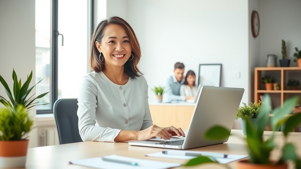 A professional and modern workspace featuring a mid-30s woman with an expression of focused happiness, sitting at a sleek, minimalistic desk with a laptop open in front of her. Soft natural light filters through a large window, illuminating the room filled with greenery and organized office materials. She is engaging with smart technology, such as a digital assistant or an automated system displayed on her screen, symbolizing efficiency and the integration of AI in her work processes. In the background, a family photo is visible, creating a warm atmosphere that suggests a balance between professional and personal life. The colors are fresh and airy, with touches of green and natural wood tones, evoking a sense of calm and productivity. The composition captures an eye-level perspective, highlighting her positive engagement with technology while hinting at the freedom and time gained for her family.