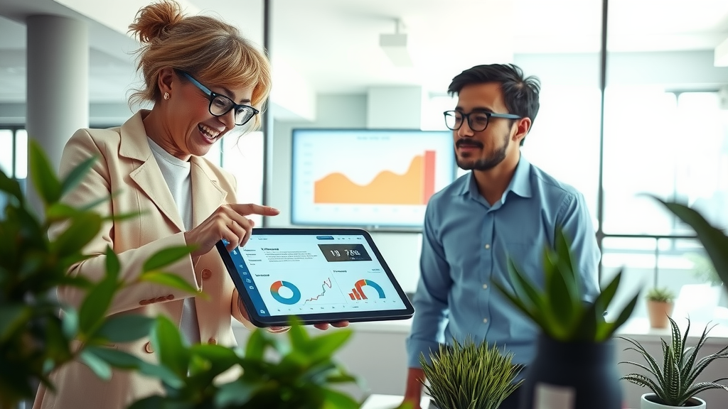 A dynamic and inspiring scene depicting a diverse group of professionals, including a middle-aged woman and a young man in their 30s, collaborating over a sleek, modern workspace filled with technology that symbolizes automation and efficiency. The woman, dressed in smart casual attire, is excitedly pointing at a digital tablet displaying data analytics while the young man, wearing glasses, is nodding in agreement. Soft natural lighting floods the room, creating a warm and inviting atmosphere. In the background, a large screen shows graphs and metrics, highlighting productivity boosts. The overall mood is one of optimism and innovation, showcasing the transformational power of automation in a business environment. The composition features an eye-level shot, capturing their engaged expressions and the clean, organized workspace adorned with plants, enhancing the sense of calm and focus.