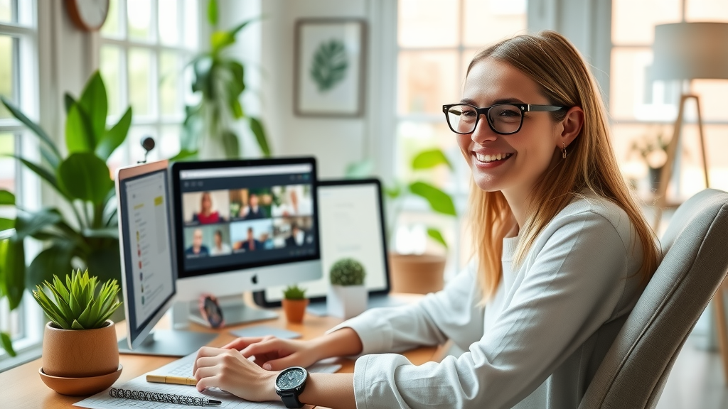 A dynamic scene depicting a woman in her early 30s with a focused yet relaxed expression, sitting in a bright and modern home office filled with greenery and natural light. She is engaged in an online class, using her laptop with multiple screens displaying educational content, while notes and a cup of coffee sit beside her. A sense of calm, productivity, and joy is conveyed through her smile and the orderly yet lively workspace. The composition is slightly above eye-level, capturing her in a moment of inspiration, surrounded by soft colors that evoke a feeling of empowerment and balance in her educational pursuits.
