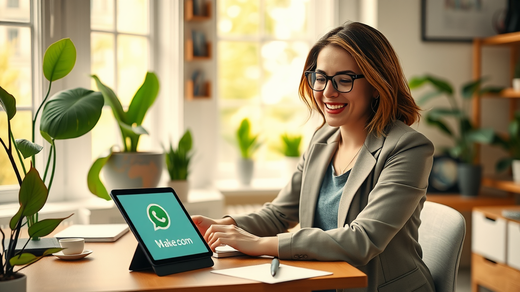 A vibrant and dynamic scene depicting a young woman in her late 20s, wearing a stylish business outfit, sitting in a modern, well-lit home office filled with green plants and light wood furniture. She is engaging in a lively video call on her laptop, her face radiating confidence and enthusiasm as she assists a customer through WhatsApp Business. Soft warm light filters in through a large window, creating an inviting atmosphere. On her desk, there are notes and a tablet showing the make.com interface, symbolizing automation and efficiency in business. The background hints at an organized workspace that blends professional and personal life seamlessly, evoking a sense of freedom and empowerment in her daily routine.