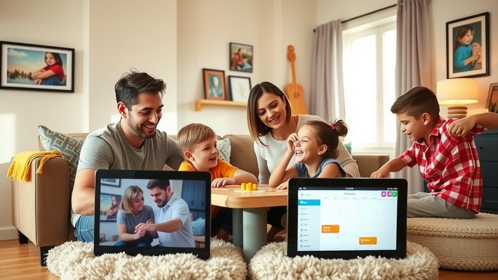 A serene family scene in a cozy living room featuring a dad in his early 40s and a mom in her late 30s, smiling and engaged with their two children, a boy and a girl aged 8 and 5 respectively. They are gathered around a table, enjoying a fun board game together, with a tablet displaying a family scheduling app open nearby, symbolizing time management through technology. The room is warmly lit by soft natural light streaming in through the windows, creating a vibrant and inviting atmosphere. Family pictures adorn the walls, adding personal touches, while a plush rug and colorful cushions enhance the feeling of comfort. The overall mood is joyful and harmonious, showcasing the balance between family time and productivity.