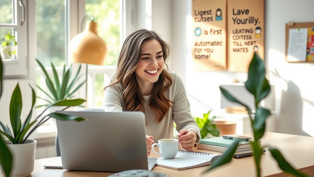 A candid shot of a young woman in her late 20s with an enthusiastic smile, sitting at a modern desk in a bright, minimalist home office, engaged in creating her first bot on a laptop. The setting is filled with soft natural light filtering through a large window, surrounded by plants and tech gadgets. She has a notepad with handwritten notes next to her and a cheerful cup of coffee, embodying a serene and playful atmosphere. The background features a bulletin board with inspiring quotes and illustrations related to automation and coding, enhancing the theme of personal growth and empowerment through technology.
