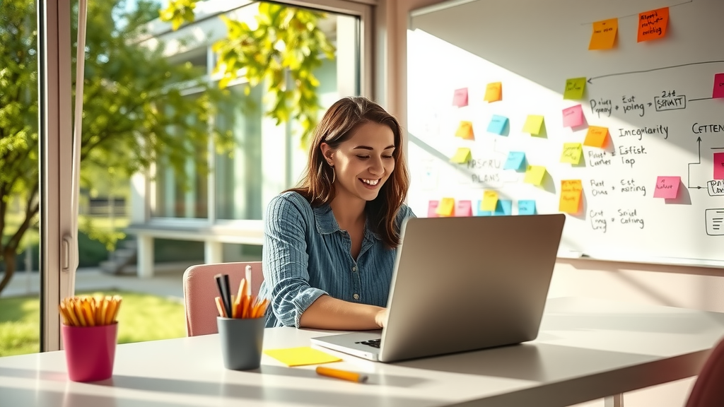 A vibrant and inviting workspace with a woman in her early 30s, focused and smiling, seated at a sleek desk equipped with a laptop and colorful sticky notes, engaged in a seamless integration of technology. The environment is bright and airy, filled with natural light streaming through large windows, showcasing a view of a green park outside. A playful atmosphere is enhanced by a whiteboard decorated with inspiring ideas and flowcharts, symbolizing the concept of collaboration and workflow automation. The mood is optimistic and empowering, reflecting the harmony of work-life balance and the joy of creativity.