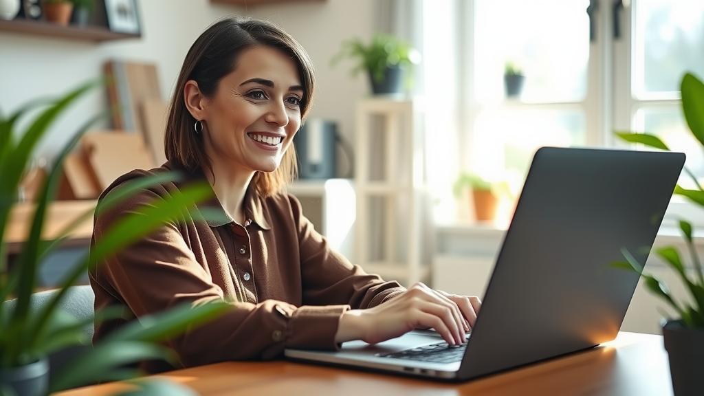 A close-up shot of a woman in her early 30s, smiling brightly as she interacts with a sleek laptop in a cozy, well-lit home office filled with greenery. She is confidently analyzing data on customer reviews, with colorful charts displayed on the screen, suggesting positivity and empowerment. The setting is peaceful and organized, reflecting work-life balance, with sunlight streaming through a window, creating a warm and inviting atmosphere. The overall mood is one of joy and productivity, showcasing the seamless integration of technology in everyday life, emphasizing stress relief and personal growth.