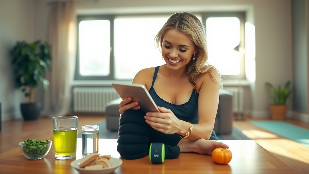 A vibrant and engaging scene in a modern living room where a woman in her early 30s with a joyful expression is interacting with a sleek fitness smart gadget on a coffee table, surrounded by healthy snacks and a glass of water. Soft natural light streams in through the window, illuminating her relaxed posture as she tracks her fitness progress on a tablet. In the background, a small plant and a yoga mat add to the atmosphere of well-being and health. The color palette is fresh and inviting with greens and warm tones, evoking a sense of balance and positivity.