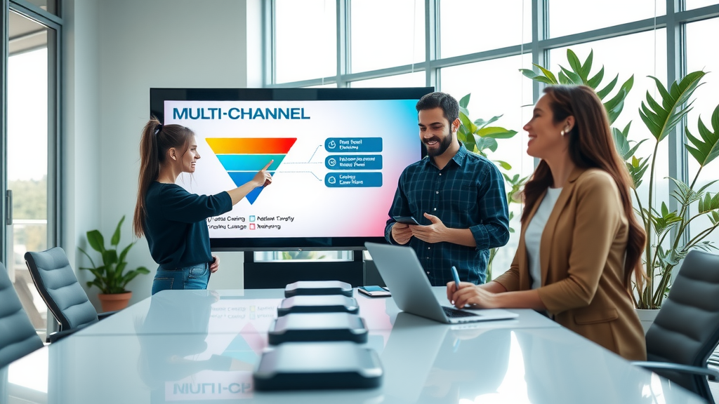 A sleek, modern workspace featuring a diverse group of three professionals in their 30s engaged in a brainstorming session around a high-tech conference table. One woman with an excited expression points at a large screen displaying a colorful multi-channel funnel diagram, while a man takes notes, looking focused and inspired. A third individual, a woman, is smiling as she shares ideas, embodying teamwork and collaboration. The setting has bright, natural light coming through large windows, creating an open and inviting atmosphere. The color palette consists of blues and greens, promoting a sense of creativity and innovation. In the background, minimalistic tech devices and plants enhance the positive, energized mood, reflecting efficiency and modernity in sales strategies.