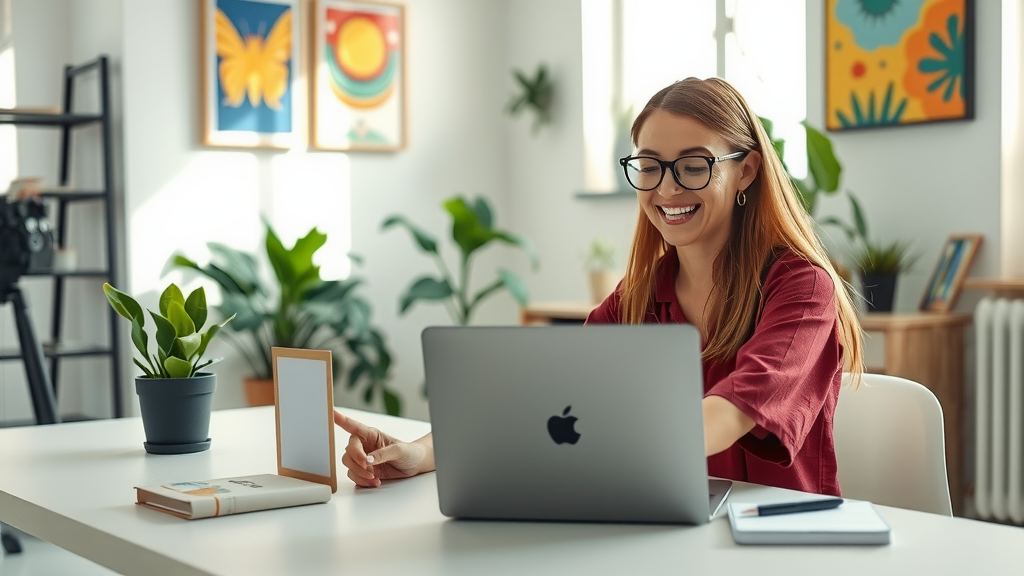 A serene workspace featuring a young woman in her late 20s with a joyful expression, sitting at a modern desk with a laptop open, seamlessly uploading videos to YouTube. Soft natural light floods the airy room, highlighting cheerful decor with plants and colorful artwork on the walls. The camera angle is at eye level, capturing her engaged in a productive moment, with a clutter-free environment that reflects calmness and efficiency. On the desk, there are motivational books and a small whiteboard with task reminders, symbolizing organization and empowerment through technology, evoking a sense of balance between creativity and productivity.