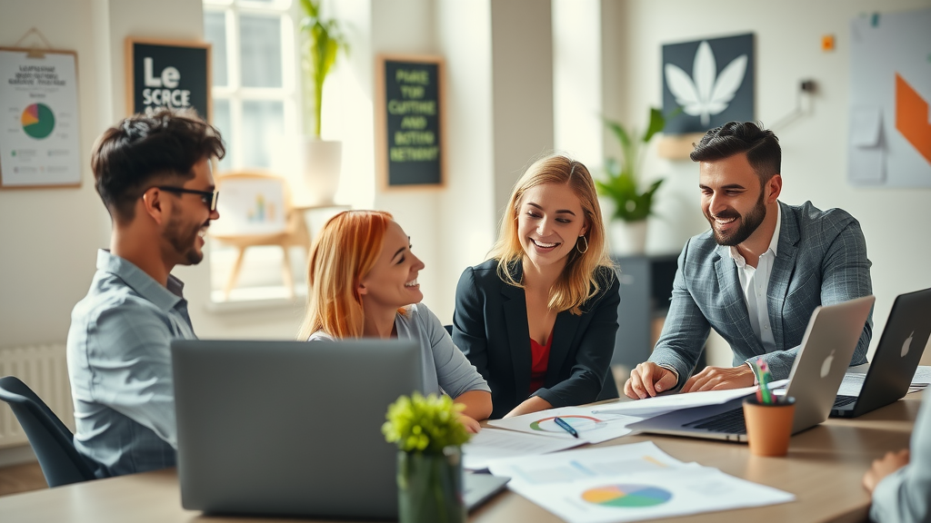 A vibrant, close-up shot of a diverse group of professionals in a modern, well-lit office space, each demonstrating joy and engagement as they collaboratively discuss strategies at a large table. The scene conveys camaraderie and enthusiasm, with a focus on a young woman in her early 30s, animatedly sharing ideas on customer retention with a genuine smile. Soft natural light streams in through large windows, illuminating documents and laptops filled with colorful graphs and notes. There are plants on the windowsill and motivational posters adorning the walls, creating a positive work atmosphere. The overall mood is energetic and inspiring, highlighting creativity and teamwork, symbolizing the automation of sales processes and customer loyalty strategies.