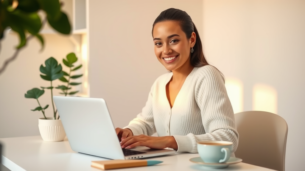 An inspiring close-up shot of a young woman in her late 20s, sitting at a minimalist desk in a modern home office, her face illuminated by warm, soft natural light. She is smiling while working on her laptop, which displays an intuitive filtering system interface, symbolizing automation in business processes. Surrounding her are elements like a potted plant, a notebook, and a cup of tea, creating a calm and inviting atmosphere. The color palette is fresh and airy, evoking a sense of clarity and productivity. The composition captures her focused yet relaxed demeanor, embodying the balance between technology and personal well-being.