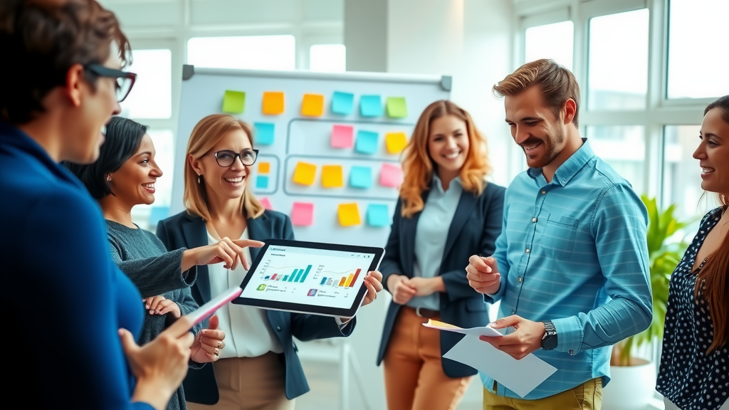 A focused, dynamic shot of a diverse group of professionals in a bright, modern office space, engaged in a lively discussion about business automation. A middle-aged woman with glasses, signifying expertise, is pointing at a digital tablet displaying graphs and workflows, while a young man takes notes, both smiling and showing enthusiasm. In the background, a large whiteboard filled with colorful sticky notes represents various processes to be automated, and the setting is filled with natural light from large windows, creating an atmosphere of collaboration and innovation. The color palette is fresh with blues and greens, evoking a sense of empowerment and positive transformation through technology.