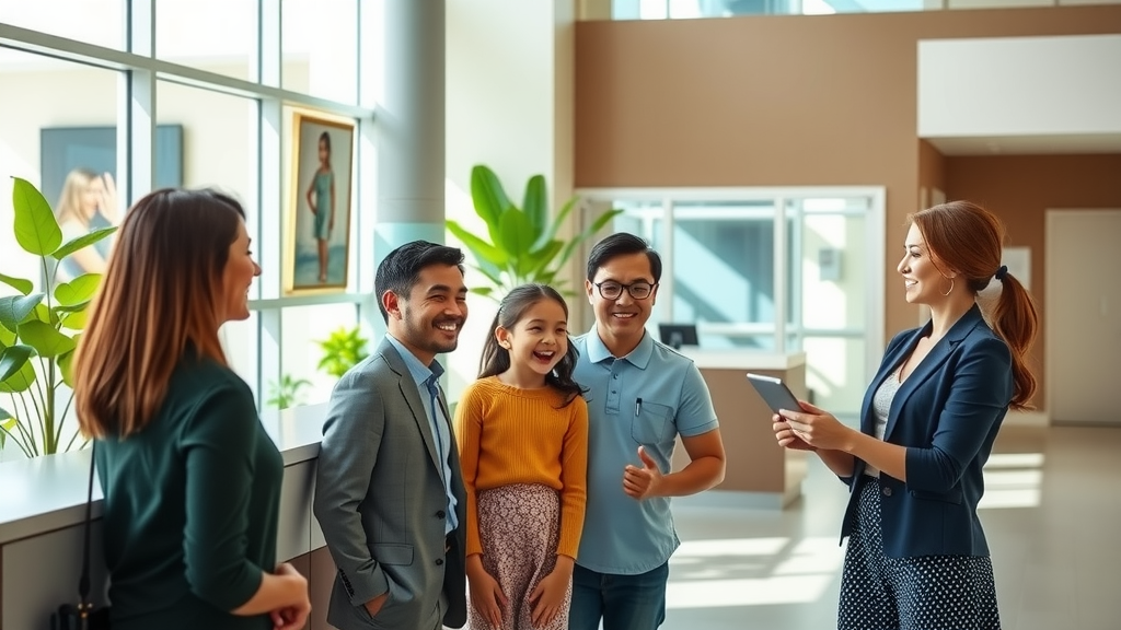 A professional and inviting scene in a modern medical center reception area, featuring a smiling female receptionist in her early 30s wearing smart attire, interacting with a happy family of four. The family includes two young children, laughing and eagerly looking at an information tablet. Bright, natural daylight floods the space, highlighting a clean and organized environment, with soft green plants in the background creating a calming atmosphere. The artwork on the walls reflects a theme of health and wellness. The composition should include a wide-angle view that captures the spaciousness of the reception area, emphasizing the tranquility and efficiency brought by automation. The overall mood is warm and uplifting, showcasing a seamless experience for both staff and patients.