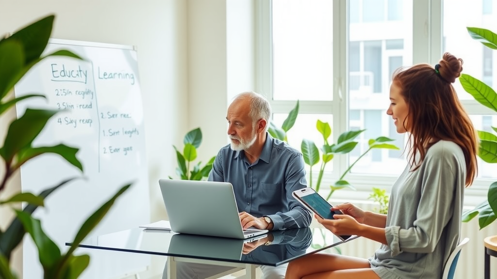 A focused and inspirational scene depicting a diverse group of three educators in a bright modern workspace, engaged in designing a personalized learning system. One woman in her early 30s, wearing a smart-casual outfit, is brainstorming ideas on a large whiteboard, while a man in his late 40s, dressed in a stylish shirt, is seated at a sleek desk with a laptop open, looking thoughtful and inspired. The third person, a young woman in her mid-20s, is capturing notes on a digital tablet, smiling as she shares her thoughts. The room is filled with greenery from indoor plants and has soft natural light streaming through large windows, creating a warm and inviting atmosphere. The color palette includes light greens and blues, evoking a sense of tranquility and creativity. In the background, a smart, organized workspace features elements of technology seamlessly integrating into learning, like visualization boards and tech tools that empower the educators, symbolizing stress relief and a positive transformation.