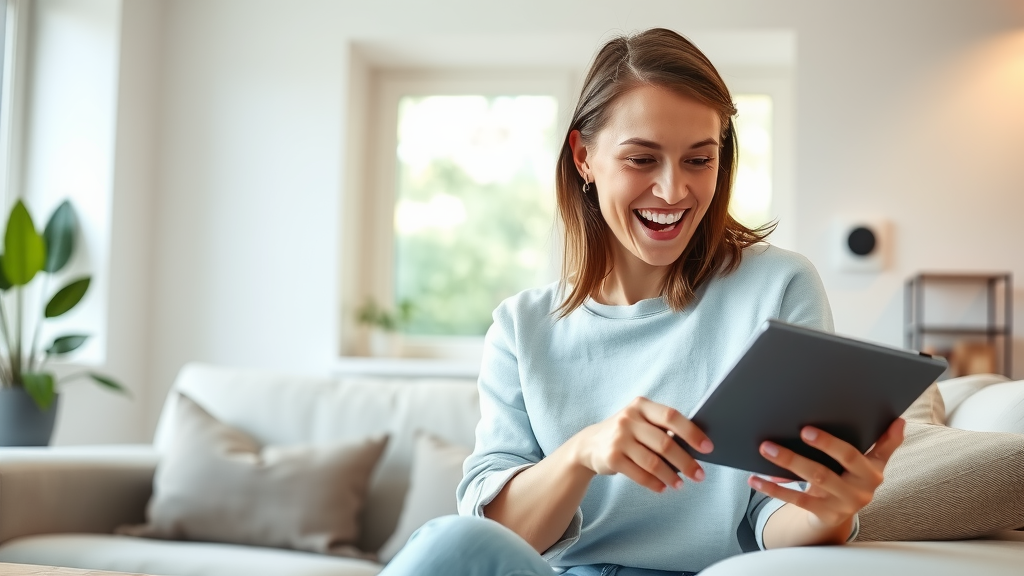 A bright and airy home interior featuring a smart living room. In the foreground, a woman in her early 30s with a joyful expression is interacting with a sleek tablet while seated on a comfortable couch, displaying a clear sense of empowerment and control over her smart home devices. Behind her, a large window allows soft natural light to fill the space, accentuating a cozy atmosphere. In the background, various smart home devices are seamlessly integrated into the environment, such as a smart thermostat on the wall and ambient smart lighting that changes color. The color palette is fresh and inviting with shades of light blue and white, creating a tranquil and modern feel. This scene symbolizes the ease and joy of managing a smart home, illustrating a harmonious balance between technology and daily living.