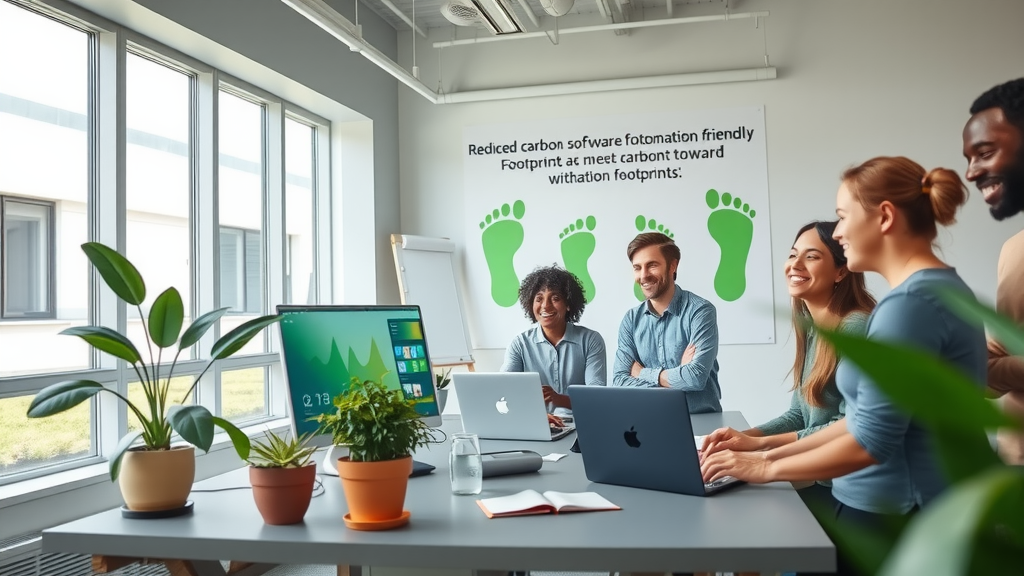 A serene office environment featuring a diverse group of professionals in their 30s and 40s, joyfully collaborating around a clean, modern desk equipped with sleek laptops and greenery. One person is demonstrating automation software on the screen, while others attentively engage and smile, representing a shared commitment to sustainability. The setting is illuminated by soft natural light streaming through large windows, highlighting a lush indoor plant and eco-friendly materials. The color palette is fresh and inviting with greens and light blues, evoking a sense of harmony between technology and the environment. In the background, a large wall displays a visual representation of reduced carbon footprints, emphasizing the positive transformation toward ecological responsibility. The angle captures the energy of teamwork in a vibrant yet tranquil workspace.