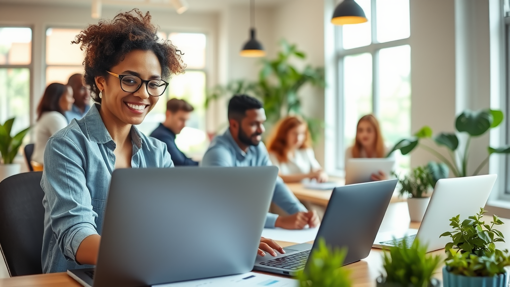 A dynamic and inviting scene showcasing a diverse group of professionals in a bright, modern office space, working collaboratively. The setting is filled with natural light streaming through large windows, illuminating their faces and creating a warm atmosphere. In the foreground, a woman in her early 30s with curly hair and glasses, smiling confidently, is demonstrating an automated onboarding tool on her laptop to a man in his late 20s, who looks intrigued and engaged. In the background, other team members are happily discussing ideas around a table with charts and digital devices, embodying teamwork and efficiency. The colors are fresh and vibrant, with green plants scattered around the space, conveying a sense of growth and innovation. The composition captures the energy of productive collaboration while showcasing technology as an empowering aspect of their workflow.