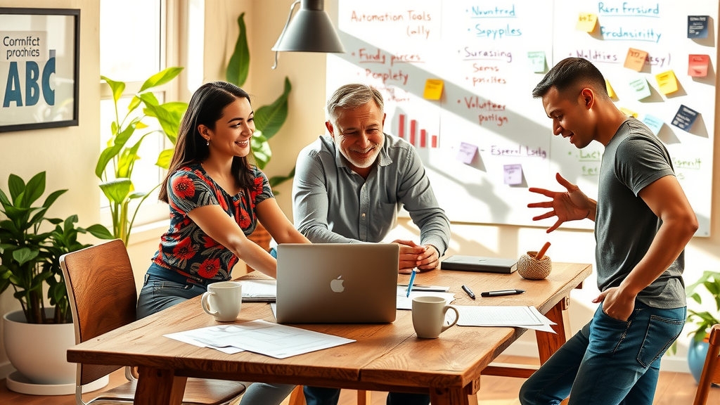 A dynamic, warm scene depicting a diverse group of three non-profit organization professionals, with one woman in her early 30s wearing a colorful blouse, a middle-aged man with a friendly expression in a simple button-up shirt, and a younger man in his late 20s with a tech-savvy look in a casual t-shirt. They are gathered around a sleek, modern laptop on a rustic wooden table in a bright, sunlit co-working space filled with greenery, symbolizing innovation and collaboration. The warm daylight casts inviting shadows, enhancing the sense of positivity. They are engaged in a lively discussion about automation tools, with documents, a notepad, and coffee cups scattered on the table, emphasizing an atmosphere of brainstorming and shared enthusiasm. In the background, a whiteboard covered in colorful notes signifies their focus on fundraising and volunteer management, representing the core values of effectiveness and growth within the non-profit sector. The overall mood is vibrant, promoting energy, inspiration, and teamwork.