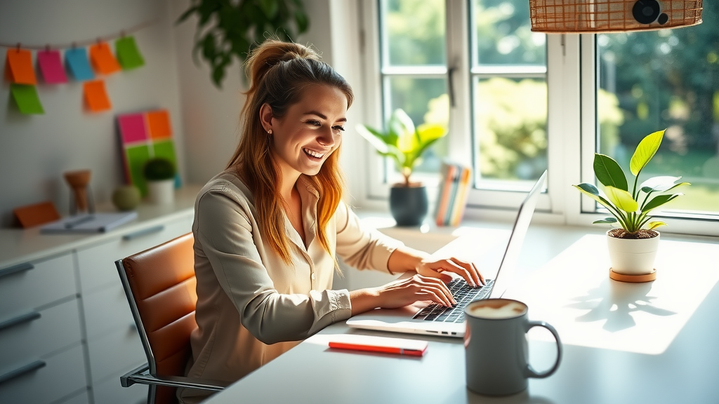 A dynamic and inspiring scene featuring a woman in her early 30s, in a cozy, sunlit home office, sitting at a sleek, minimalist desk with a laptop open, her face illuminated by a bright smile as she interacts with a friendly AI assistant displayed on the screen. The room is adorned with colorful creative notes, a potted plant, and a coffee cup, creating a productive yet relaxed atmosphere. Soft natural light filters through a window, casting gentle shadows. The composition is an eye-level shot, capturing the essence of efficiency and joy in her workspace, with vibrant colors that evoke a sense of empowerment and creativity. In the background, hints of a peaceful garden can be seen, symbolizing the balance between work and personal life.