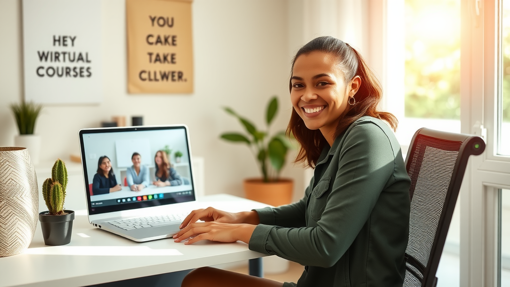 A bright and inviting workspace featuring a young woman in her late 20s with an enthusiastic smile, sitting at a sleek desk equipped with a laptop open to a user-friendly interface of an online course platform. She is interacting with her computer as she teaches a small group of engaged students via video call, set in a cozy, well-lit room adorned with motivational quotes and plants. Soft natural light pours in through a large window, illuminating the scene, while the color palette is warm and energizing. The composition should focus on the woman's joyful expression and the dynamic virtual classroom backdrop, showcasing a sense of empowerment and opportunity that automation can provide.