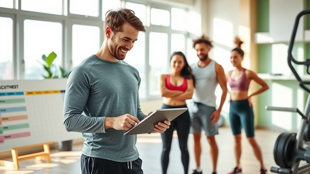 A dynamic scene of a fitness coach in their early 30s, wearing comfortable athletic clothes, smiling while using a tablet to schedule workouts and track client progress in a bright and modern gym. The setting is filled with natural light streaming in through large windows, highlighting the clean and organized environment with exercise equipment neatly arranged. The coach is interacting with a supportive group of diverse clients in the background, exhibiting joyful expressions as they share a moment of encouragement during a training session. The overall mood is energetic and uplifting, with a color palette of vibrant greens and warm tones that evoke motivation and positivity. Elements like a whiteboard with workout plans, fitness gadgets, and a plant enhance the narrative of technological empowerment and efficiency in the fitness business.