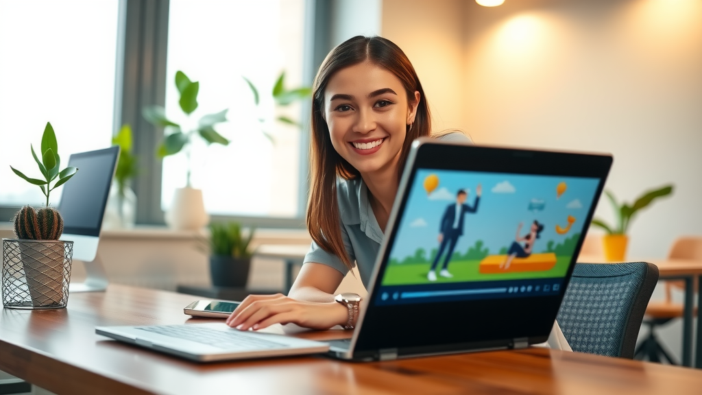 A vibrant and engaging scene in a modern office setting, featuring a young woman in her late 20s with a bright smile, sitting at a sleek desk with a laptop open, showcasing an animated personalized video. The lighting is soft and warm, creating a welcoming atmosphere. In the background, a large window lets in natural light, with green plants adorning the space, symbolizing growth and creativity. The camera angle is eye-level, capturing the woman's enthusiastic expression as she interacts with the video content, conveying a sense of connection and innovation. The overall color palette is fresh and inviting, evoking feelings of positivity and inspiration, while subtly displaying elements of technology empowering customer engagement through automation.