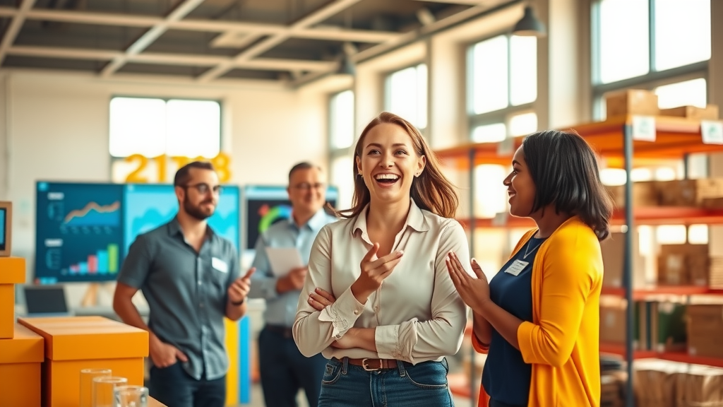 A vibrant and inspiring image of a small business owner, a woman in her early 40s with an excited expression, standing in a bright, modern workspace filled with colorful charts and digital screens displaying automation tools. She is interacting joyfully with her team, a diverse group of three people – a young man in a casual shirt, a middle-aged man with glasses, and a woman in a smart dress, all engaged in a brainstorming session. The setting is an open-plan office with ample natural light streaming through large windows, creating a warm and inviting atmosphere. The color palette features bright yellows and blues to evoke a sense of innovation and progress. In the background, shelves are neatly organized with boxes symbolizing efficient inventory management. The overall mood is dynamic and uplifting, reflecting the positive transformation through automation and teamwork.