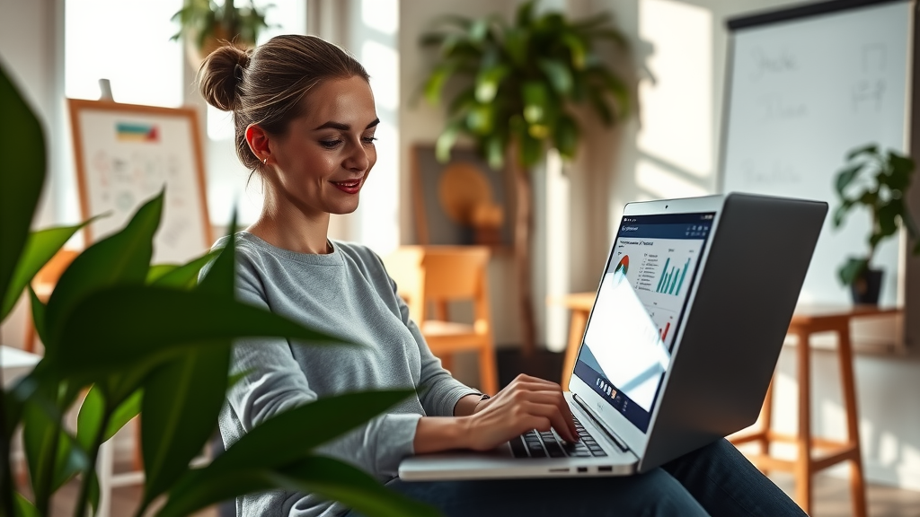 An inspiring scene depicting a focused young woman in her late 20s working on her laptop in a modern, bright home office, surrounded by lush green plants that symbolize growth and tranquility. She has a look of contentment as she analyzes data on the screen, showing graphs and charts of competitor pricing in a clean, organized interface. Soft, natural light filters through a large window illuminating her workspace, creating a warm and inviting atmosphere. The room is adorned with minimalist decor, and a whiteboard in the background features neatly written plans and ideas, emphasizing her proactive and productive mindset. The overall mood conveys a sense of empowerment and efficiency gained through automation, illustrating the balance between technology and personal well-being.