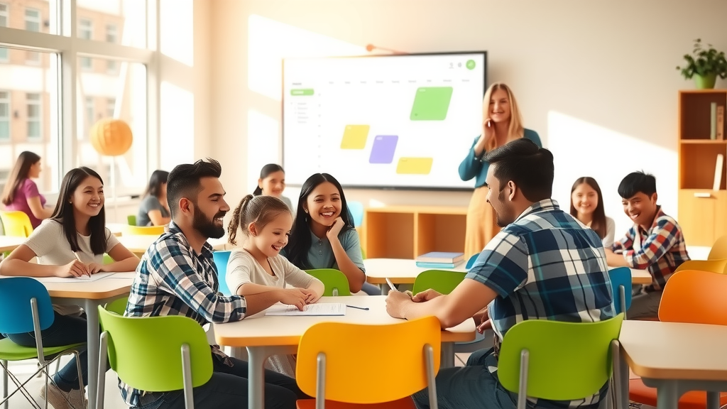 A bright and inviting interior of a modern language school classroom filled with natural light streaming through large windows, featuring a diverse group of students ranging from young adults to children, sitting at colorful desks while smiling and collaborating on a project. A friendly teacher in their 30s is guiding them, displaying enthusiasm and support. In the background, a digital screen shows an easy-to-read automated schedule and homework assignments, symbolizing technology's role in simplifying management. The color palette is fresh and uplifting with warm tones, creating a vibrant and productive atmosphere. The composition is a wide shot capturing the joyful engagement of both the students and the teacher, emphasizing harmony and positive interaction.