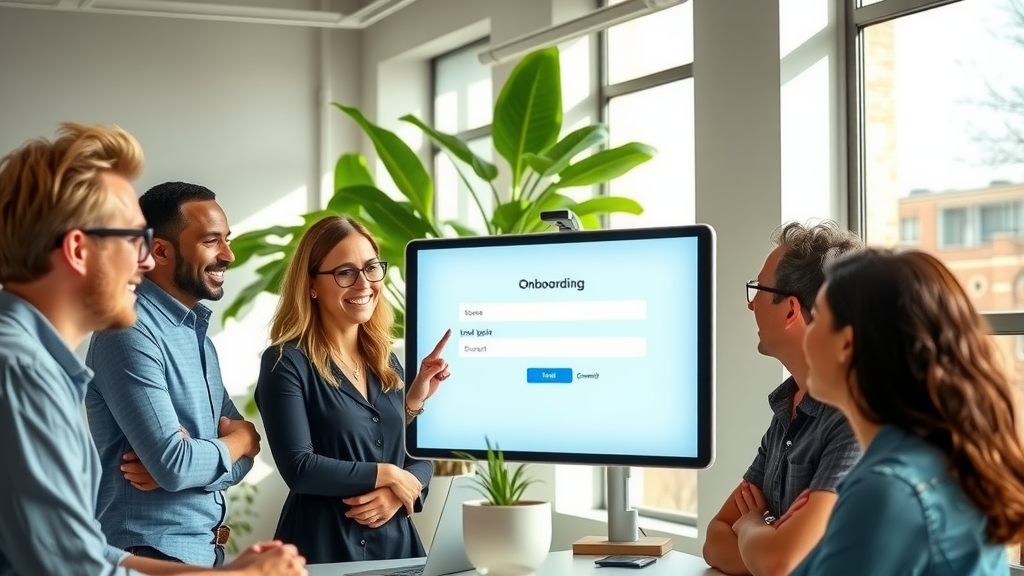 A modern office environment featuring a diverse group of professionals in their 30s and 40s, engaged in a collaborative onboarding session. One woman is smiling and explaining a process while pointing to a large interactive screen displaying a user-friendly onboarding interface for a SaaS product. Sunlight streams through the large windows, creating a warm and inviting atmosphere. The color palette is composed of soft blues and greens, conveying a sense of calm and efficiency. A large plant is in the background, enhancing the natural feel of the space. The scene captures joy and positivity, showing the seamless integration of technology and personal connection as they work together to simplify client adaptation. The camera angle is slightly elevated, showcasing the active engagement and teamwork among the group, with expressions of focus and satisfaction.