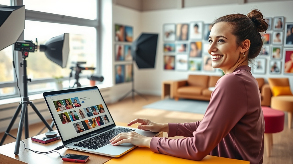A vibrant and inviting scene showing a young woman in her early 30s, smiling and working attentively at a beautifully organized photo studio. The studio is filled with bright natural light streaming in through large windows, illuminating various photography equipment and backdrop options. The woman is using a sleek laptop with a user-friendly interface for client management and booking automation. In the background, a colorful display of framed photographs showcases her work, while a cozy seating area invites clients to relax. The mood is upbeat and productive, promoting a sense of efficiency and empowerment through technology. The color palette is warm and welcoming, with soft pastels and bright accents, creating an atmosphere of creativity and professionalism.