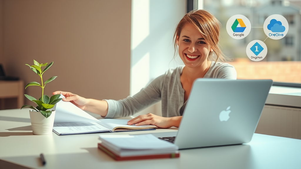 A modern workspace featuring a woman in her early 30s with a bright smile, effortlessly managing her tasks on a laptop. She is sitting at a sleek, minimalist desk bathed in soft natural light from a nearby window, creating a warm and inviting atmosphere. Papers are neatly organized, and a plant sits beside her, symbolizing growth and harmony. The background subtly showcases digital icons representing Google Drive, Dropbox, and OneDrive, illustrating the integration of automation tools in her workflow. The overall scene exudes a sense of empowerment, balance, and tranquility, with vibrant colors that enhance the optimistic mood of productivity and simplicity. The composition is a close-up shot that captures her relaxed posture and focused expression, conveying joy in her work-life integration.